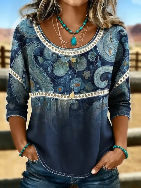

Women Floral Crew Neck Half Sleeve Blouse Printing Casual Daily Summer Top, Navyblue, Blouses