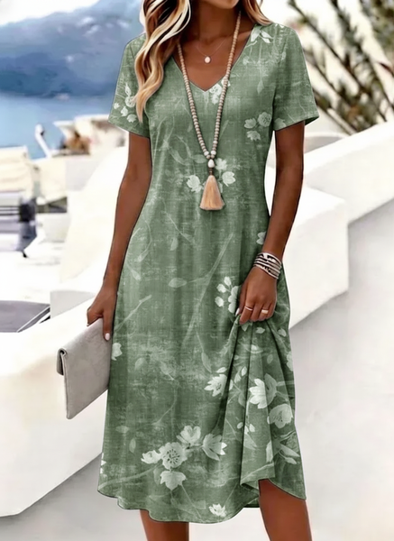 

Women Floral Short Sleeve V Neck Dress Daily Casual Midi A-Line Summer Dress, Green, Dresses