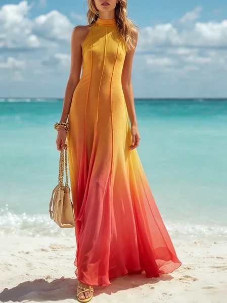 Elegant Ombre Printing Maxi Dress