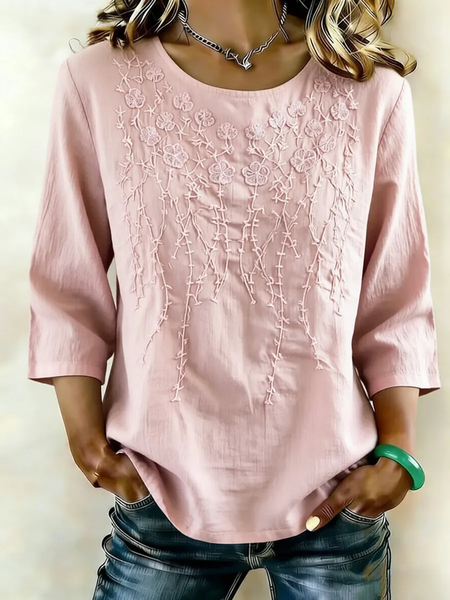 

Women Floral Crew Neck Half Sleeve Blouse Printing Vintage Daily Summer Top, Pink, Blouses