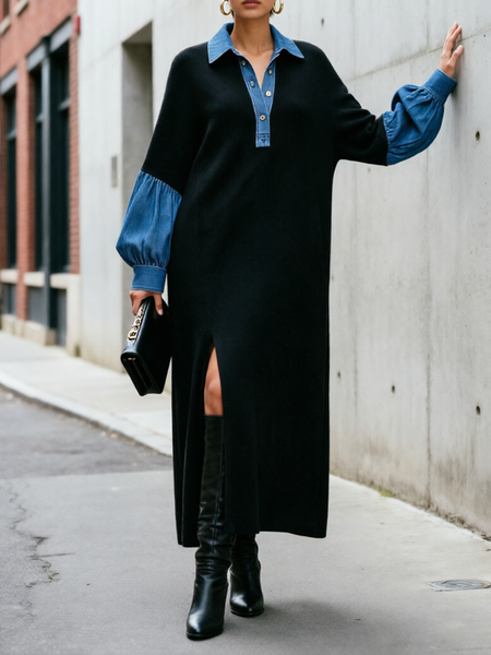 Casual Color Block Shirt Collar Maxi Dress