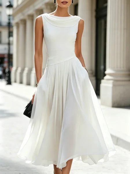 Elegant Plain Pleated Cowl Neck Midi Dress