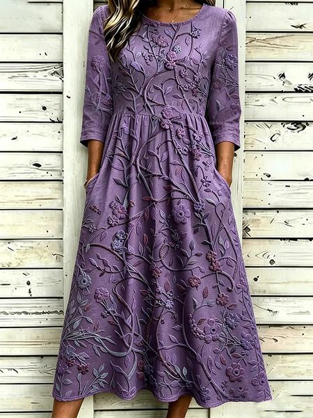 Women Floral Summer Printing Dress Crew Neck Half Sleeve H-Line Dress
