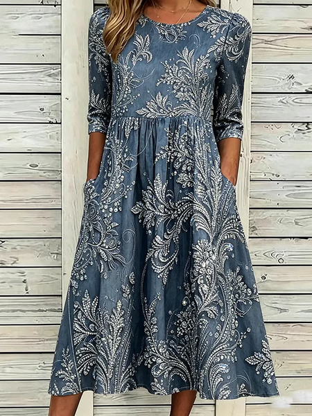 JustFashion – Women Floral Half Sleeve Crew Neck Printing Dress Daily Casual Maxi H-Line Summer Dress
