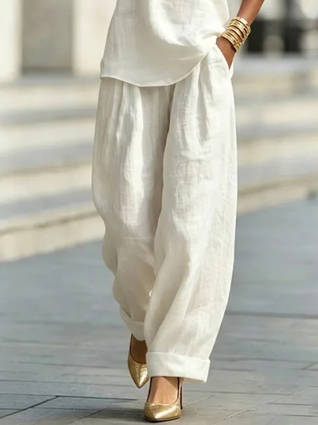 Cotton Casual Plain Wide Leg Pants Fashion Pants