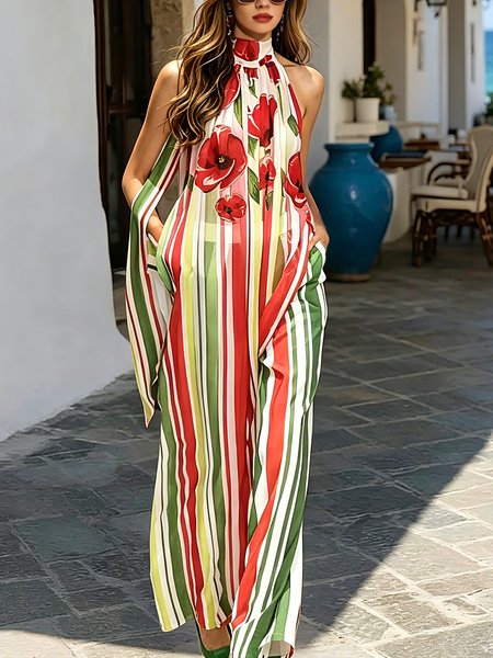 Vacation Floral Printing Stand Collar Blouse