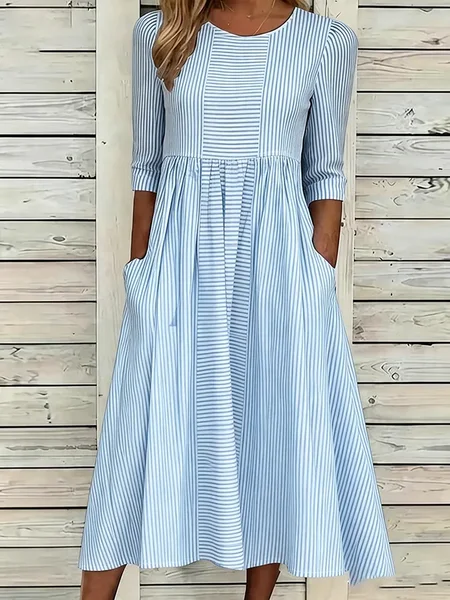 Women Striped Summer Printing Dress Crew Neck Half Sleeve H-Line Dress