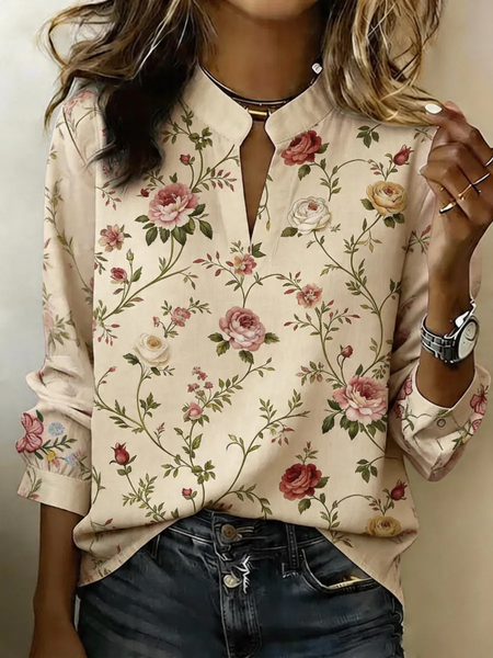 

Women Floral V Neck Long Sleeve Blouse Printing Vintage Daily Spring/Fall Top, Apricot, Blouses