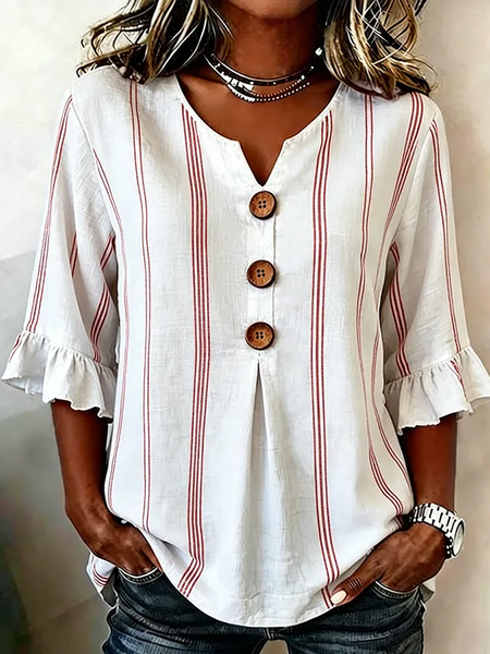 Noracora – V Neck Half Sleeve Striped Printing Regular Micro-Elasticity Regular Fit Blouse For Women