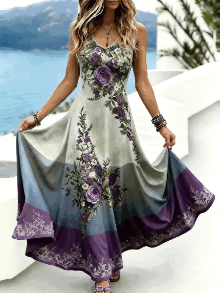 

Women Floral Summer Dress V Neck Sleeveless Tank A-Line Dress, Color1, Dresses