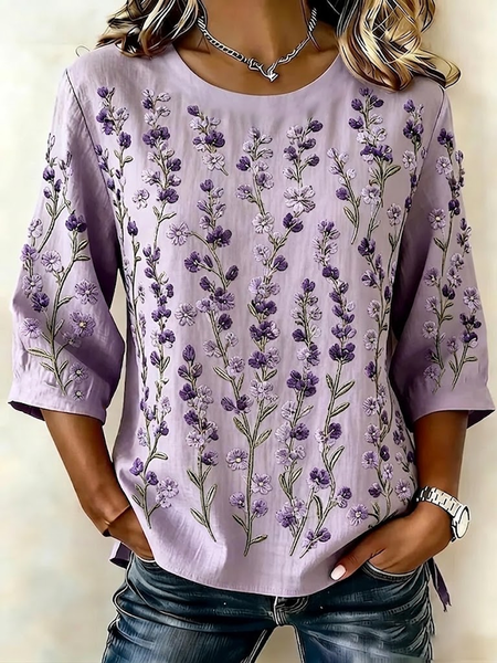 

Crew Neck Half Sleeve Floral Printing Regular Micro-Elasticity Regular Fit Blouse For Women, Purple, Blouses