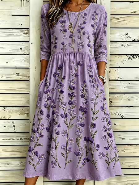 

Women Floral Half Sleeve Crew Neck Printing Dress Daily Casual Maxi H-Line Summer Dress, Purple, Casual Dresses