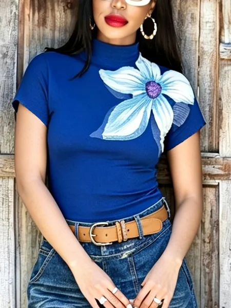 Casual Floral Printing Mock Neck T-shirt