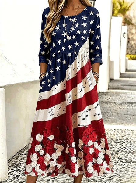 

Women Floral Winter Dress Crew Neck Three Quarter Sleeve A-Line Dress, As picture, Dresses