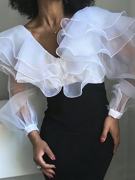 Elegant Plain Folds V Neck Blouse