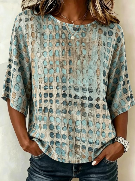 Noracora – Crew Neck Half Sleeve Geometric Printing Regular Micro-Elasticity Loose Blouse For Women