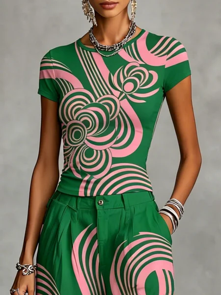 Casual Geometric Floral Color Block Printing T-shirt