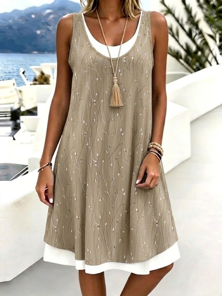 Women Leaf Summer Dress Crew Neck Sleeveless Tank A-Line Dress