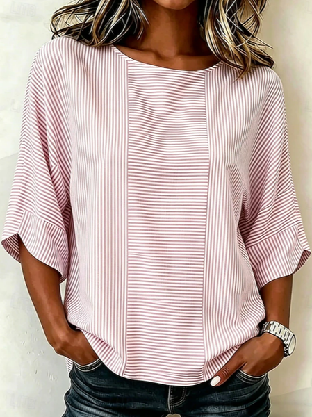 

Crew Neck Half Sleeve Striped Printing Regular Micro-Elasticity Regular Fit Blouse For Women, Pink, Blouses