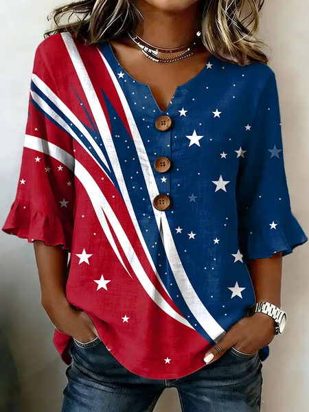 V Neck Half Sleeve Independence Day (Flag) Printing Regular Micro-Elasticity Regular Fit Blouse For Women