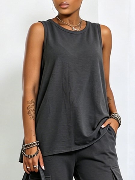 Casual Plain Crew Neck Tank Top