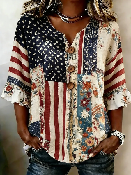 

V Neck Half Sleeve Floral Printing Regular Micro-Elasticity Regular Fit Blouse For Women, As picture, Blouses