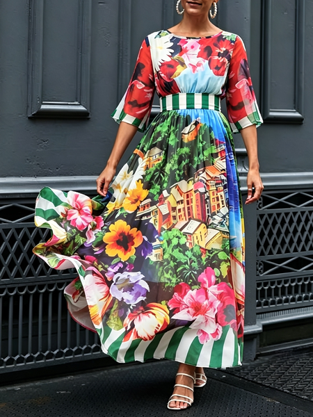 

Vacation Floral Crew Neck Maxi Dress, As picture, Maxi Dresses