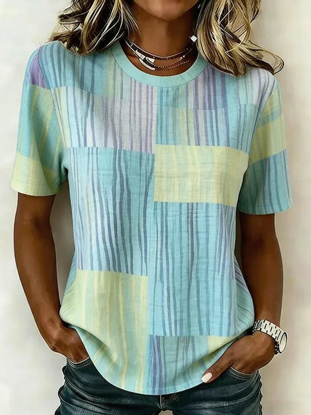 

Women Abstract Short Sleeve Tee T-shirt Crew Neck Printing Casual Graphic Tee Summer Top, Blue, T-Shirts