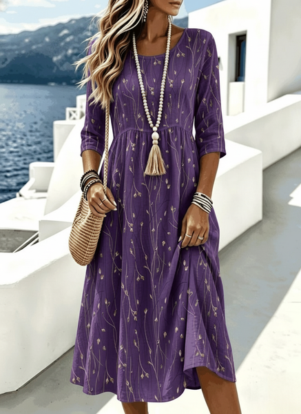 Women Leaf Spring/Fall Dress Crew Neck Three Quarter Sleeve A-Line Dress