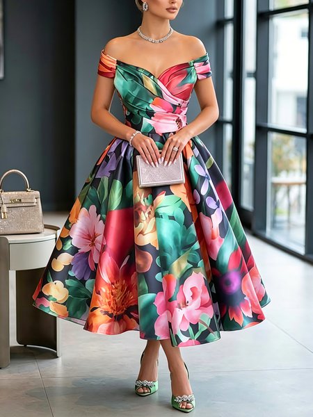 Elegant Floral Ruched Off The Shoulder Midi Dress