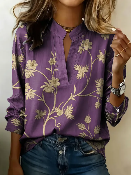 JustFashion – Women Floral V Neck Long Sleeve Blouse Printing Vintage Daily Spring/Fall Top