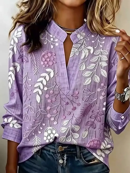 JustFashion – Women Floral V Neck Long Sleeve Blouse Printing Vintage Daily Spring/Fall Top