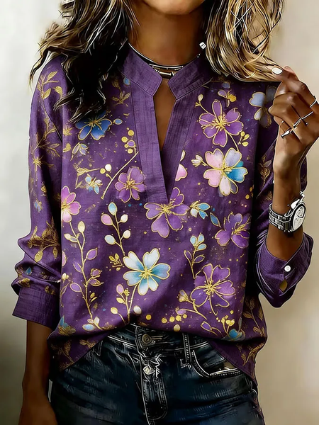 Noracora – V Neck Long Sleeve Floral Printing Regular Micro-Elasticity Regular Fit Blouse For Women