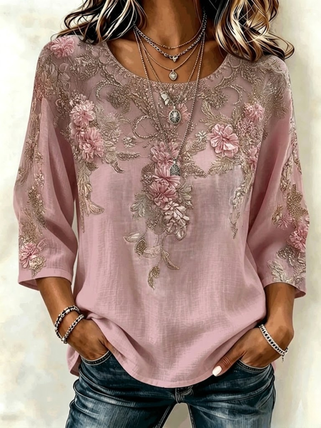 Noracora – Crew Neck Three Quarter Sleeve 3D Printing Regular Loose Blouse For Women