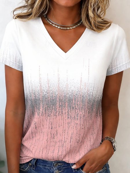 Women Abstract Short Sleeve Tee T-shirt V Neck Printing Vintage Summer Top