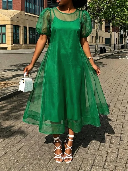 Elegant Polka Dots Puff Sleeve Two-Piece Midi Dress