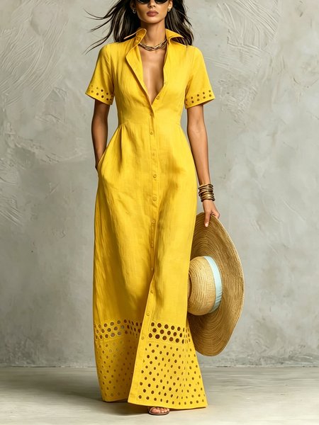 Cotton And Linen Casual Plain Hollow Out Shirt Collar Maxi Dress