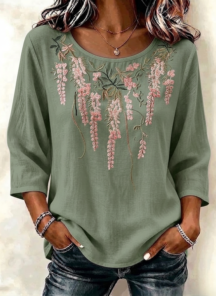 Crew Neck Three Quarter Sleeve Floral Regular Loose Blouse For Women