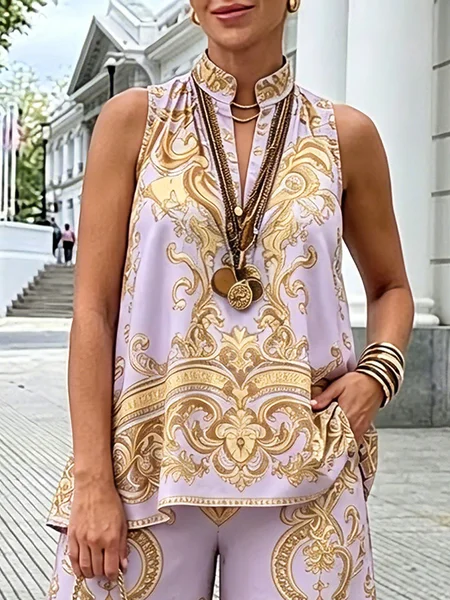 Casual Abstract Graphic Printing Mock Neck Blouse
