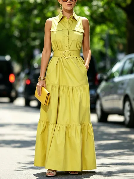 Cotton Urban Plain Buttoned Maxi Dress With Belt