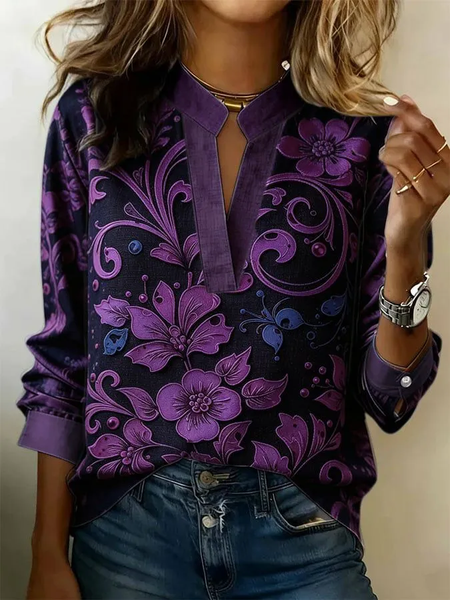 JustFashion – Women Floral V Neck Long Sleeve Blouse Printing Vintage Daily Spring/Fall Top