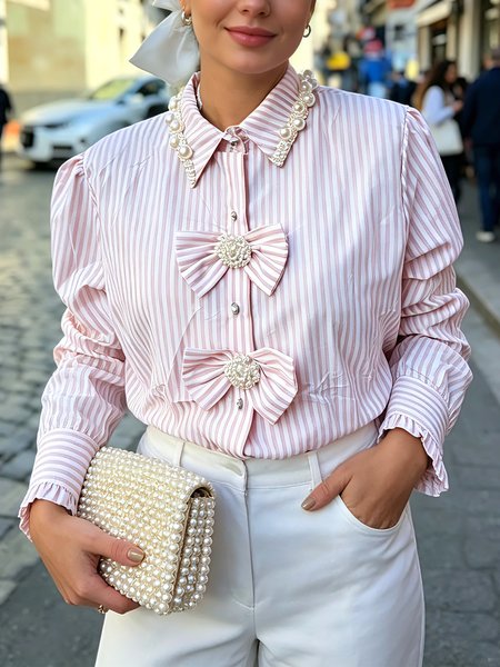 Elegant Striped Buttoned Bow Faux Pearl Shawl Collar Shirt