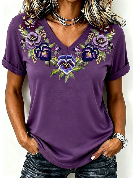 Vintage Floral V Neck Short Sleeve T-shirt