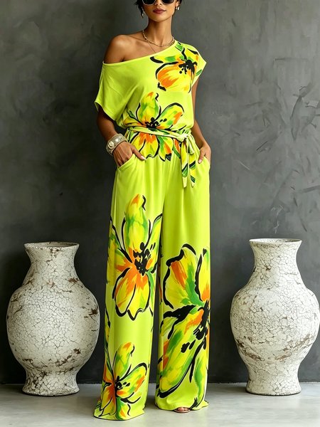Casual Printing Floral Asymmetrical Jumpsuit With Belt