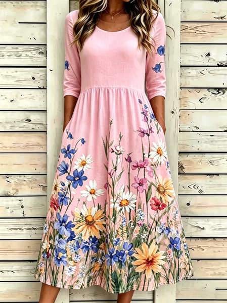 Women Floral Summer Dress Crew Neck Half Sleeve A-Line Dress