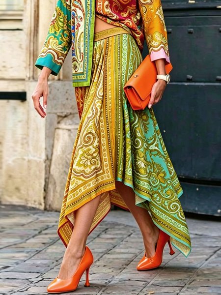 Urban Printing Color Block Midi Skirt
