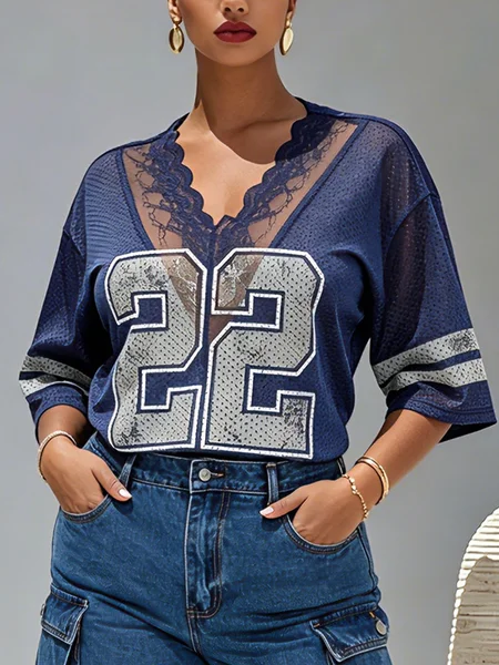 Casual Geometric Lace Edge Letter Pattern T-shirt