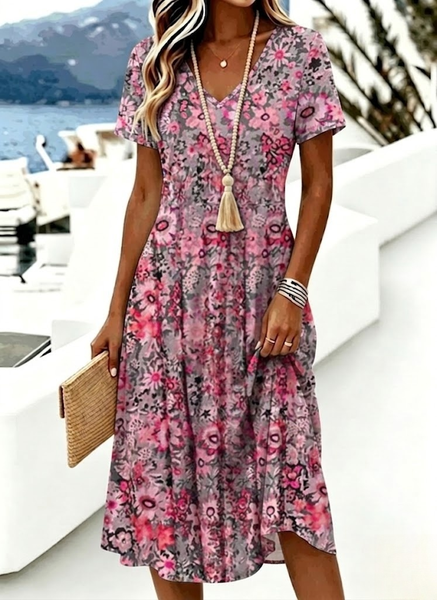 

Women Floral Summer Dress V Neck Short Sleeve A-Line Dress, Color2, Dresses