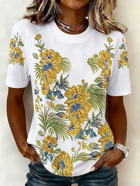 Noracora – Vintage Floral Crew Neck Short Sleeve T-shirt