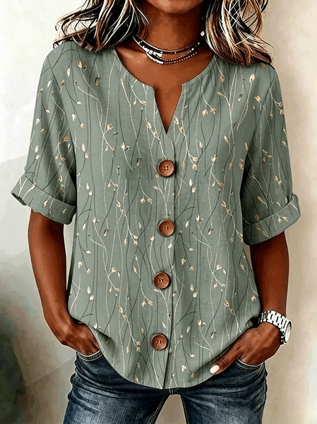 Noracora – V Neck Three Quarter Sleeve Leaf Regular Loose Shirt For Women